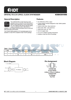 843S1066CGLF datasheet - CRYSTAL-TO-3.3V LVPECL CLOCK SYNTHESIZER