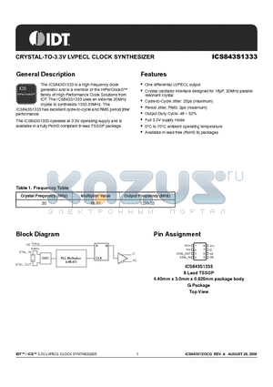 843S1333CGLFT datasheet - CRYSTAL-TO-3.3V LVPECL CLOCK SYNTHESIZER