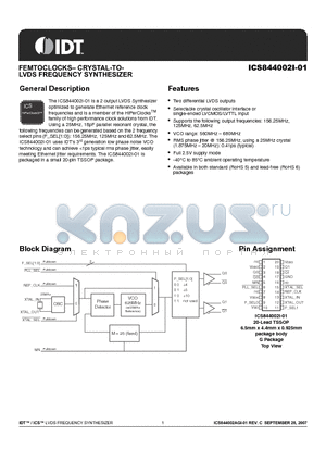 844002AGI-01LF datasheet - FEMTOCLOCKS CRYSTAL-TOLVDS FREQUENCY SYNTHESIZER