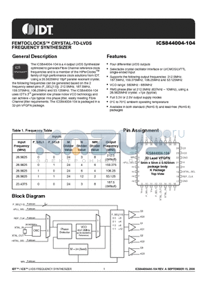 844004AK-104LF datasheet - FEMTOCLOCKS CRYSTAL-TO-LVDS FREQUENCY SYNTHESIZER