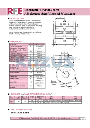 AD10 datasheet - CERAMIC CAPACITOR AD Series: Axial Leaded Multilayer