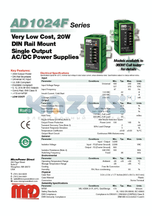 AD1020-05F datasheet - Very Low Cost, 20W DIN Rail Mount Single Output AC/DC Power Supplies