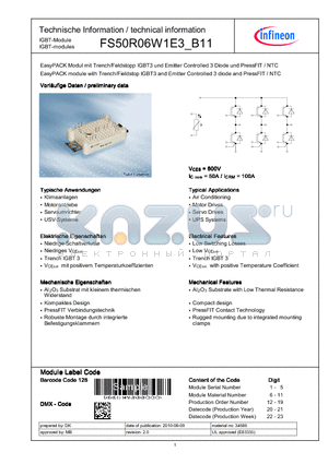 FS50R06W1E3_B11 datasheet - EasyPACK module with Trench/Fieldstop IGBT3 and Emitter Controlled 3 diode and PressFIT / NTC