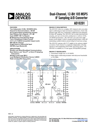 AD10201 datasheet - DUAL-CHANNEL, 12-BIT 105MSPS IF SAMPLING A/D CONVERTER