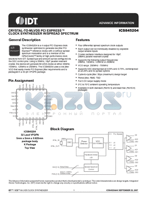 845204AKLF datasheet - CRYSTAL-TO-MLVDS PCI EXPRESS CLOCK SYNTHESIZER W/SPREAD SPECTRUM