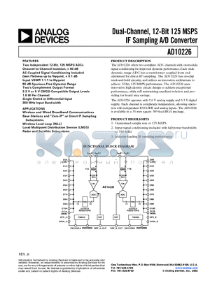 AD10226/PCB datasheet - Dual-Channel, 12-Bit 125 MSPS IF Sampling A/D Converter