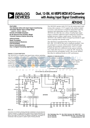 AD10242 datasheet - Dual, 12-Bit, 40 MSPS MCM A/D Converter with Analog Input Signal Conditioning