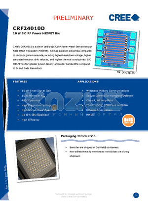 CRF24010D datasheet - 10 W SiC RF Power MESFET Die