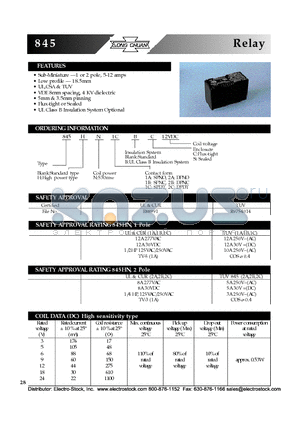 845HN datasheet - Sub-Miniature - 1 or 2 pole, 5-12 amps