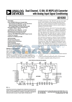 AD10265AZ datasheet - Dual Channel, 12-Bit, 65 MSPS A/D Converter with Analog Input Signal Conditioning