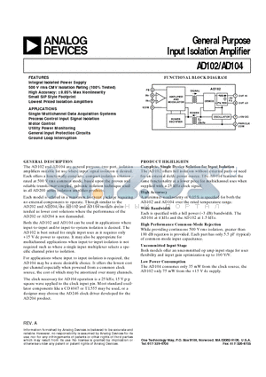 AD102JY datasheet - General Purpose Input Isolation Amplifier