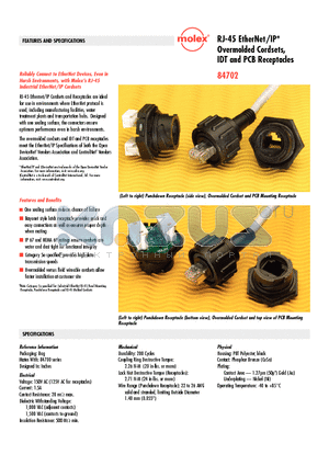 84702-1020 datasheet - RJ-45 EtherNet/IP* Overmolded Cordsets, IDT and PCB Receptacles
