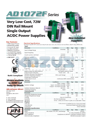 AD1072-12F datasheet - Very Low Cost, 72W DIN Rail Mount Single Output AC/DC Power Supplies