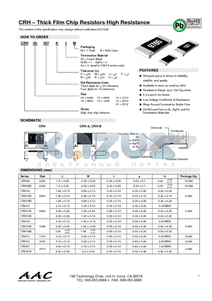 CRH01-107J2B datasheet - CRH - Thick Film Chip Resistors High Resistance