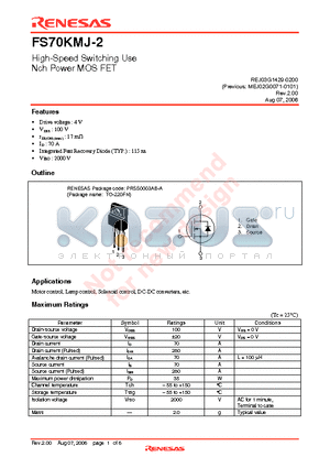 FS70KMJ-2 datasheet - High-Speed Switching Use Nch Power MOS FET