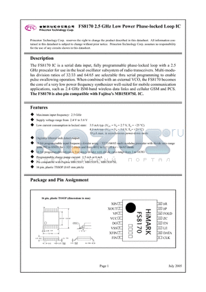 FS8170 datasheet - 2.5 GHz Low Power Phase-locked Loop IC