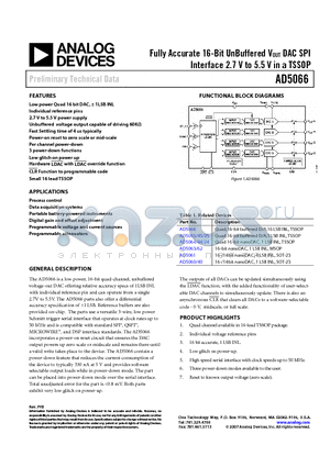 EVAL-AD5066EBZ datasheet - Fully Accurate 16-Bit UnBuffered VOUT DAC SPI Interface 2.7 V to 5.5 V in a TSSOP