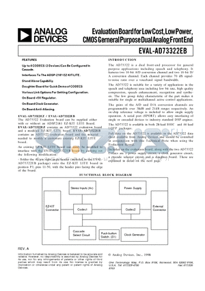 EVAL-AD73322EB datasheet - EvaluationBoardforLowCost,LowPower, CMOSGerneralPurposeDualAnalogFrontEnd