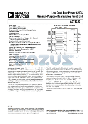 EVAL-AD73322EZ datasheet - Low Cost, Low Power CMOS General-Purpose Dual Analog Front End