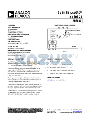 EVAL-AD5680EB datasheet - 5 V 18-Bit nanoDAC in a SOT-23