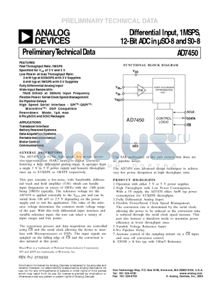 EVAL-AD7450CB datasheet - Differential Input, 1MSPS, 12-Bit ADC in lSO-8 and S0-8