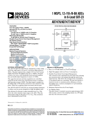 EVAL-AD7476CB datasheet - 1 MSPS, 12-/10-/8-Bit ADCs in 6-Lead SOT-23