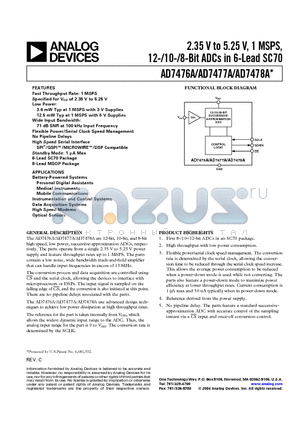 EVAL-AD7476ACB4 datasheet - 2.35 V to 5.25 V, 1 MSPS, 12-/10-/8-Bit ADCs in 6-Lead SC70