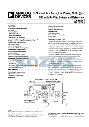 EVAL-AD7785EBZ datasheet - 3-Channel, Low Noise, Low Power, 20-Bit -D ADC with On-Chip In-Amp and Reference