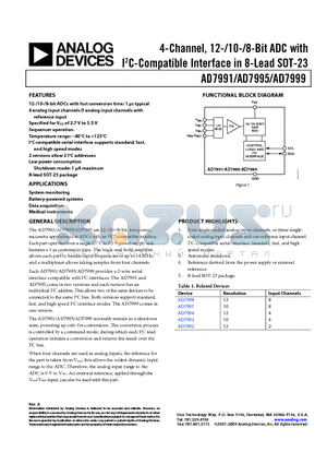 EVAL-AD7991EBZ datasheet - 4-Channel, 12-/10-/8-Bit ADC with I2C-Compatible Interface in 8-Lead SOT-23