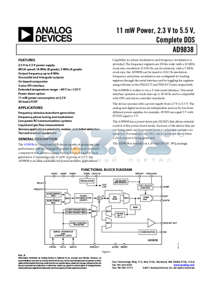 EVAL-AD9838SDZ datasheet - 11 mW Power, 2.3 V to 5.5 V, Complete DDS Power-down option