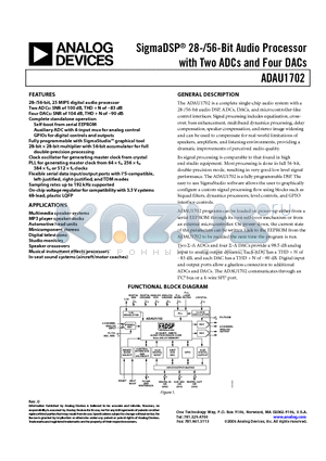EVAL-ADAU1702EB datasheet - SigmaDSP 28-56-Bit Audio Processor with Two ADCs and Four DACs