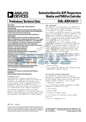 EVAL-ADM1030 datasheet - Evaluation Board for ACPI Temperature Monitor and PWM Fan Controller