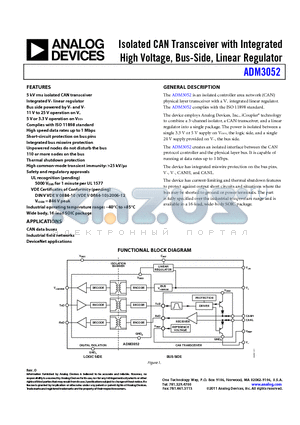 EVAL-ADM3052EBZ datasheet - Isolated CAN Transceiver with Integrated High Voltage, Bus-Side, Linear Regulator