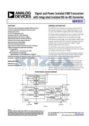 EVAL-ADM3053EBZ datasheet - Signal and Power Isolated CAN Transceiver with Integrated Isolated DC-to-DC Converter