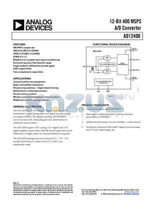 AD12400KWS datasheet - 12-Bit 400 MSPS A/D Converter