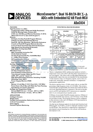 EVAL-ADUC834QS datasheet - MicroConverter, Dual 16-Bit/24-Bit ADCs with Embedded 62 kB Flash MCU