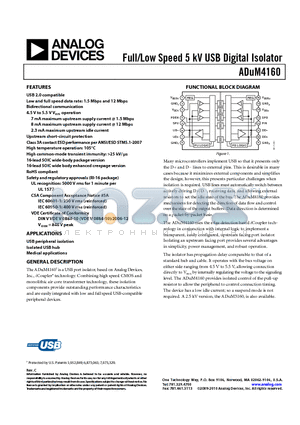 EVAL-ADUM4160EBZ datasheet - Full/Low Speed 5 kV USB Digital Isolator