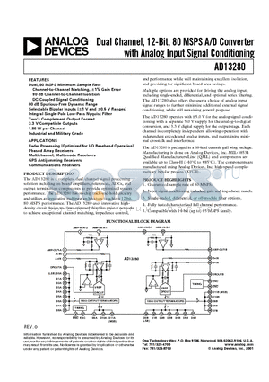 AD13280BZ datasheet - Dual Channel, 12-Bit, 80 MSPS A/D Converter with Analog Input Signal Conditioning