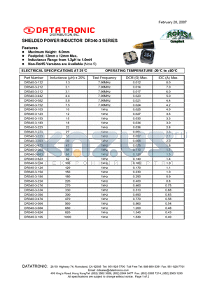 DR340-3-183 datasheet - SHIELDED POWER INDUCTOR
