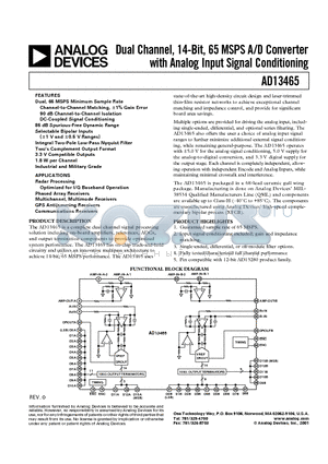 AD13465BZ datasheet - Dual Channel, 14-Bit, 65 MSPS A/D Converter with Analog Input Signal Conditioning