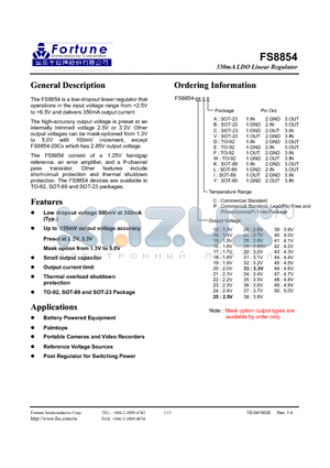 FS8854-18PA datasheet - 350mA LDO Linear Regulator