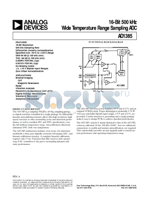 AD1385 datasheet - 16-Bit 500 kHz Wide Temperature Range Sampling ADC