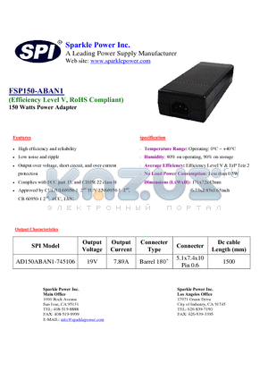 AD150ABAN1-745106 datasheet - 150 Watts Power Adapter High efficiency and reliability