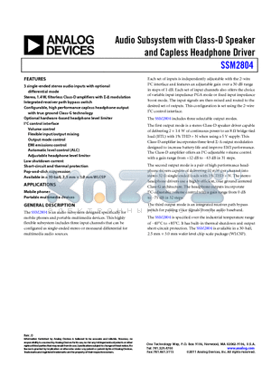 EVAL-SSM2804Z datasheet - Audio Subsystem with Class-D Speaker