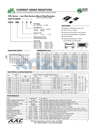 CRL01PR20FLB datasheet - Low Ohm Surface Mount Chip Resistors