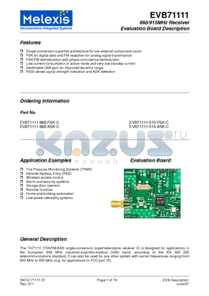EVB71111-868-ASK-C datasheet - 868/915MHz Receiver Evaluation Board Description
