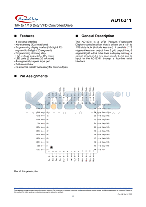 AD16311 datasheet - 1/8 TO 1/16 DUTY VFD CONTROLLER/DRIVER