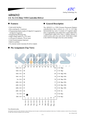 AD16312 datasheet - 1/4- TO 1/11-DUTY VFD CONTROLLER/DRIVER
