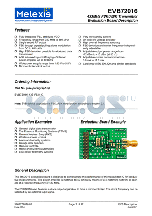EVB72016-915-FSK-A datasheet - 433MHz FSK/ASK Transmitter Evaluation Board Description