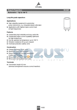 B41607A4258M002 datasheet - Snap-In Capacitors Automotive  Up to 150
